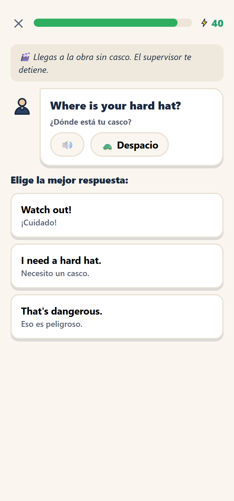 Lección de Pasos: el supervisor pregunta «¿Dónde está tu casco?» y eliges la mejor respuesta en inglés