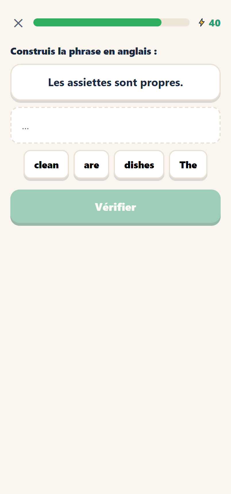 Activité pour construire une phrase en anglais sur la vaisselle propre
