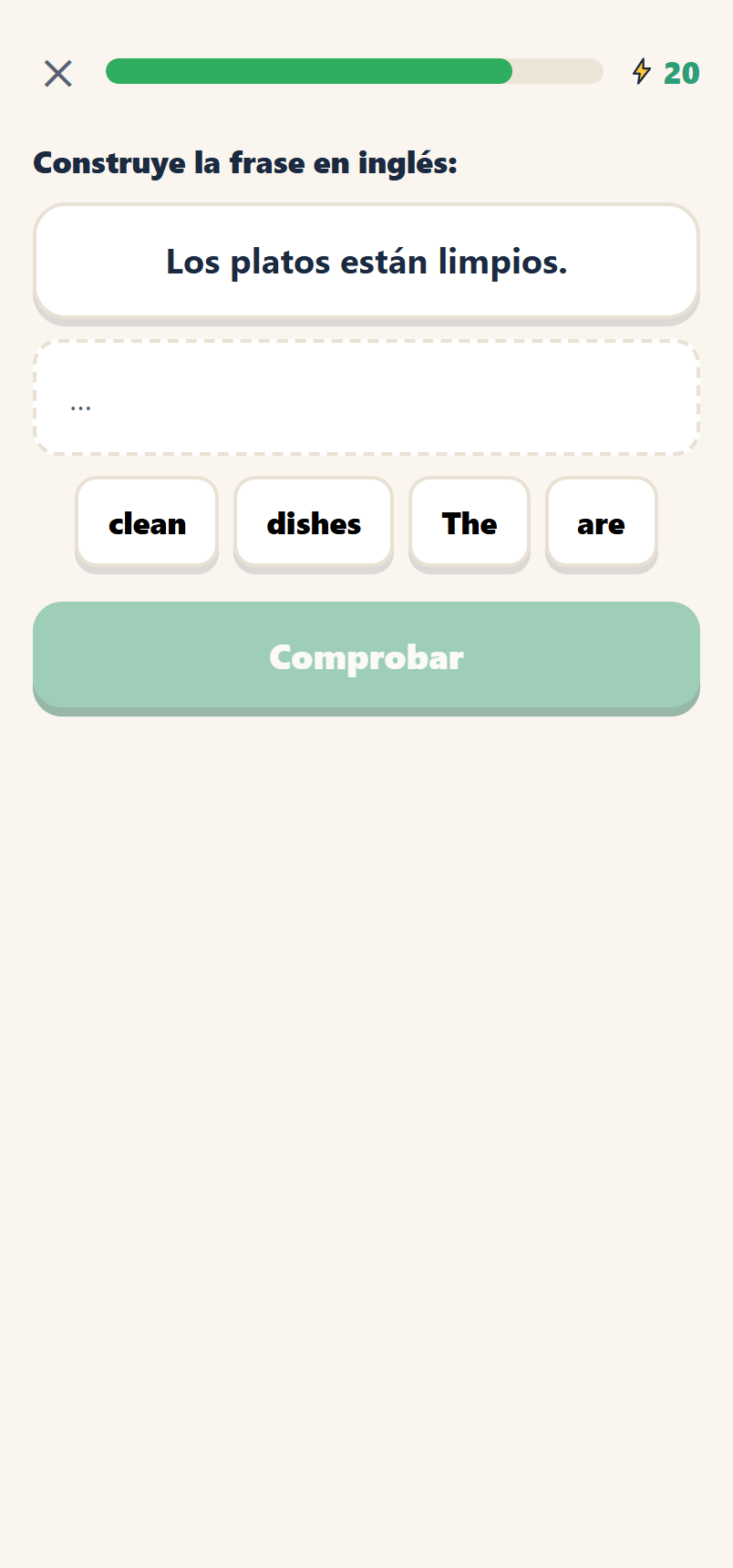Actividad para construir una frase en inglés sobre platos limpios