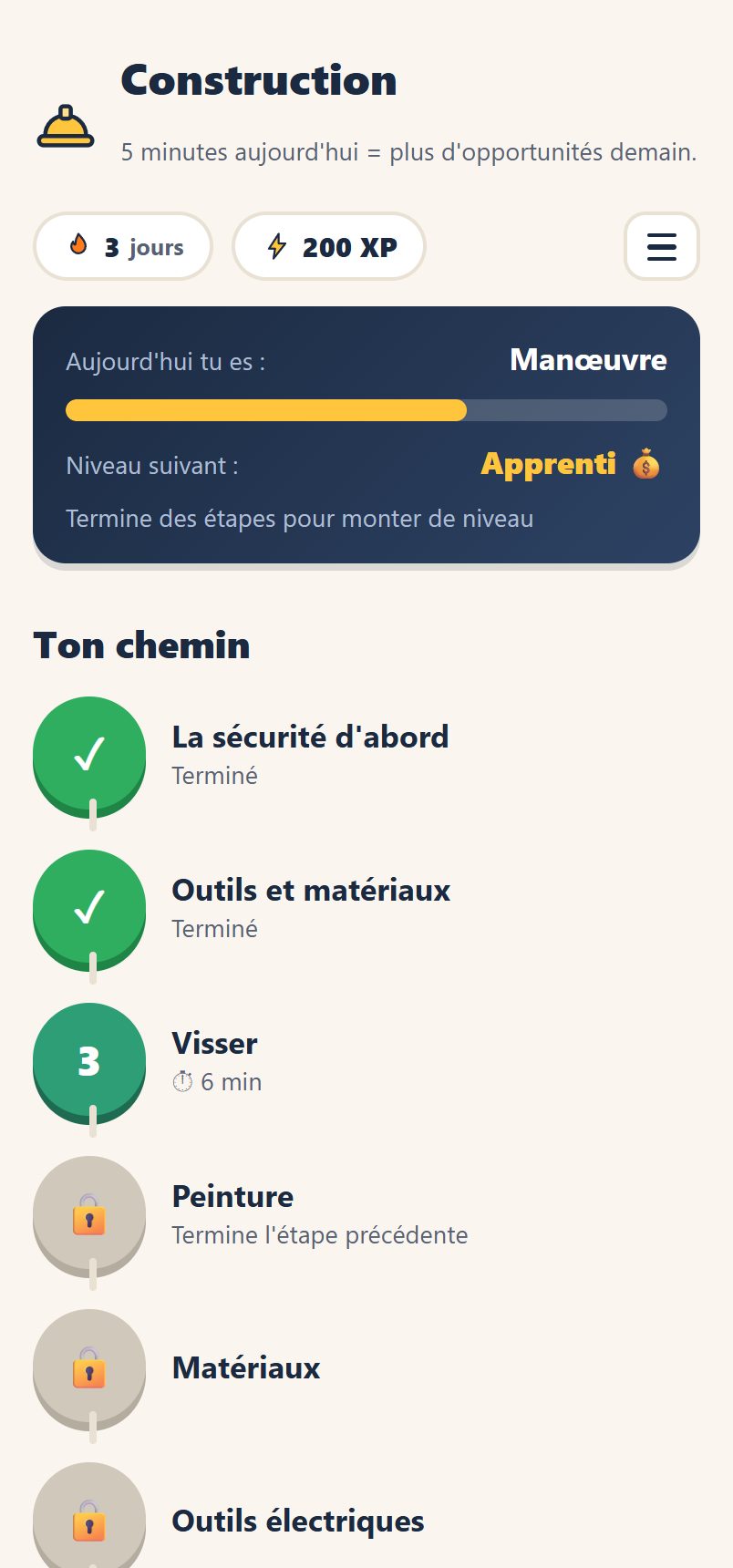 Parcours Bâtiment réel dans l'application Pasos, montrant trois leçons terminées et trois verrouillées