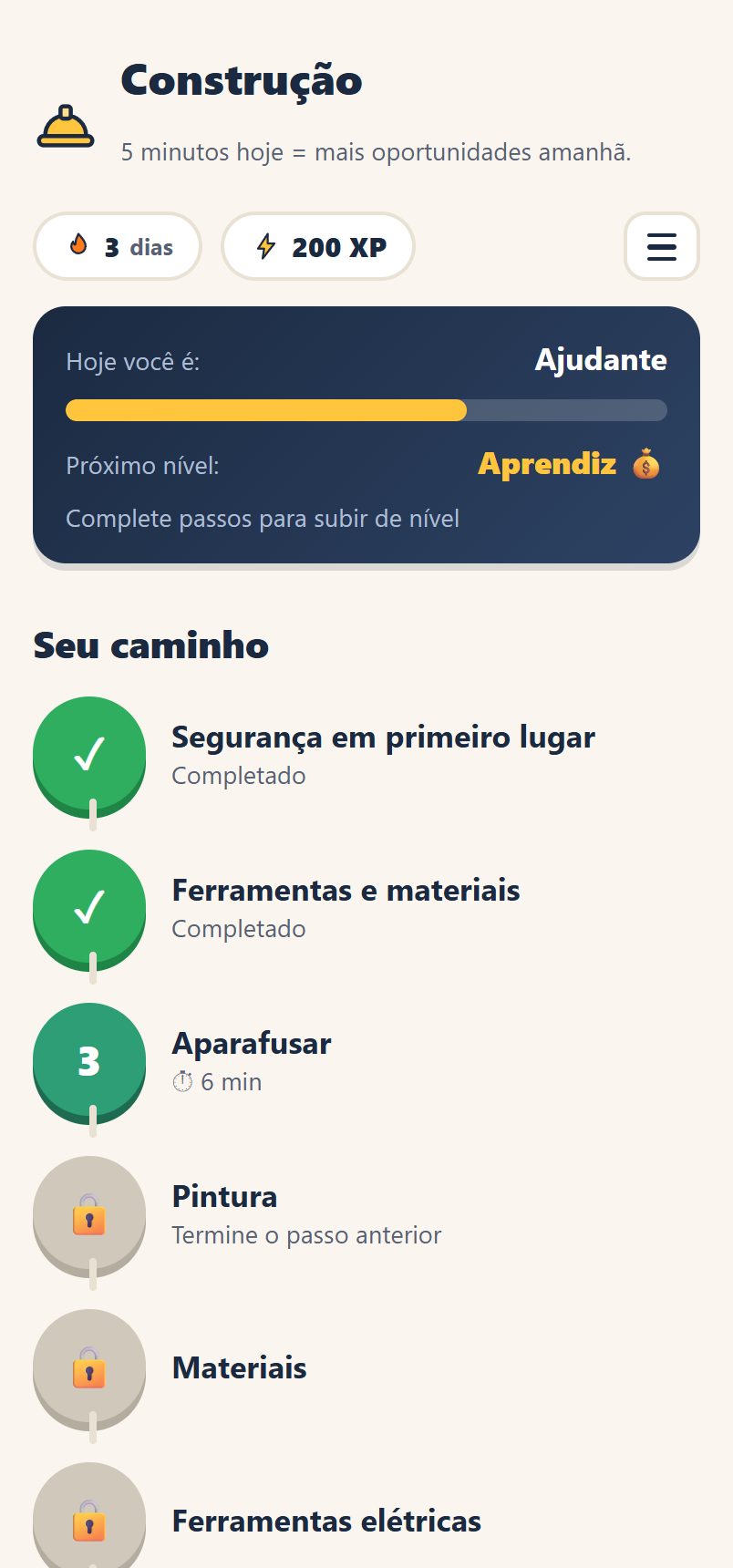Caminho real de Construção no aplicativo Pasos, mostrando três lições concluídas e três bloqueadas