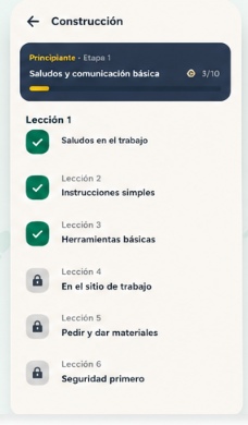 Ruta real de Construcción en la aplicación Pasos, mostrando tres lecciones completadas y tres bloqueadas