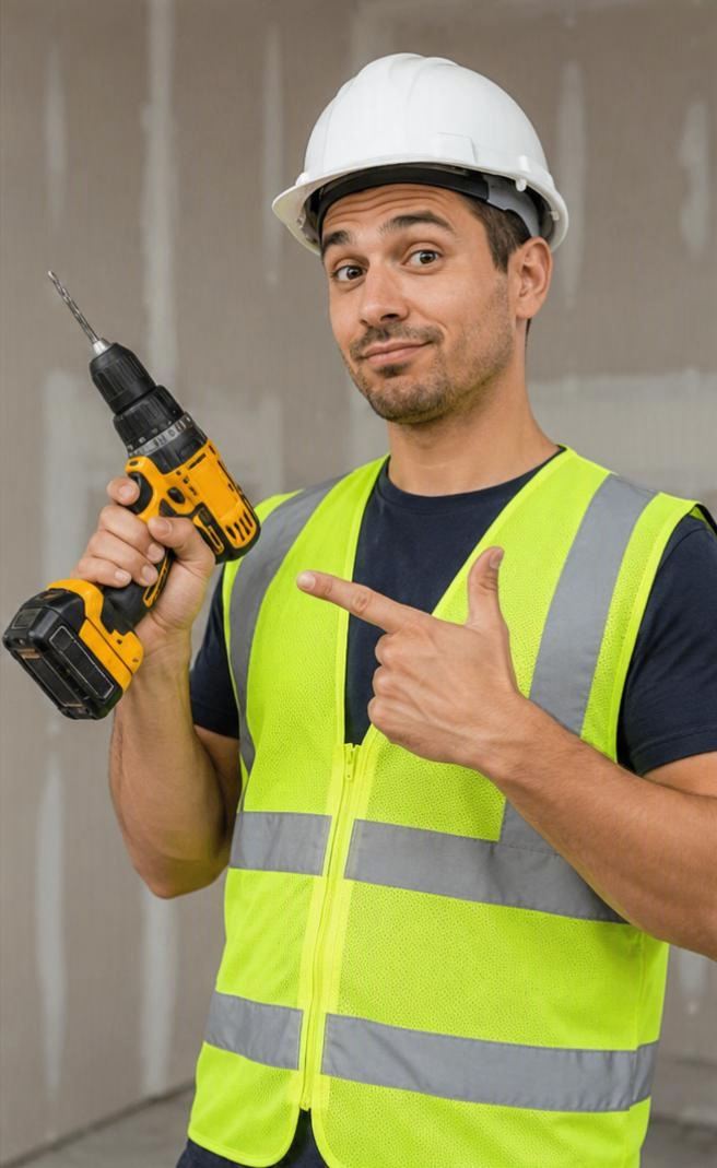 Un trabajador de construcción mostrando su taladro