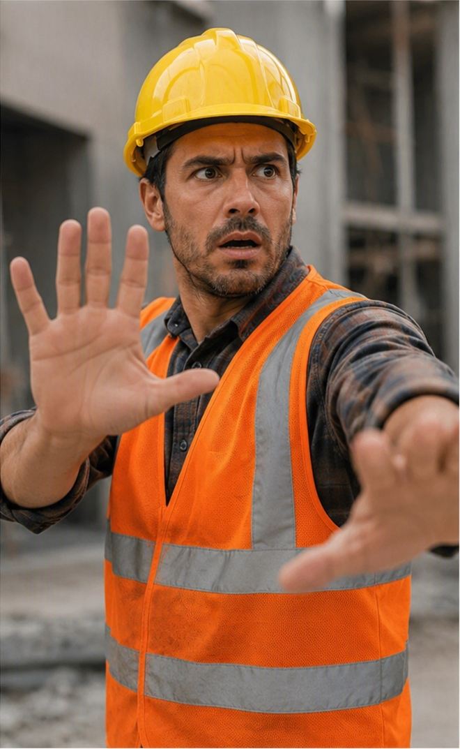 Un trabajador de construcción con casco haciendo la seña de alto